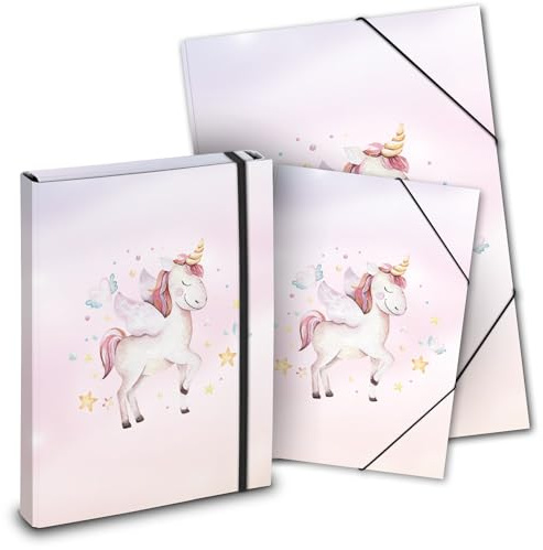 itenga Mappen SET 3teilig: Heftbox + Gummizugmappe A4 + Zeichenmappe A3- für Kinder Jugendliche Schüler (Motiv Einhorn)