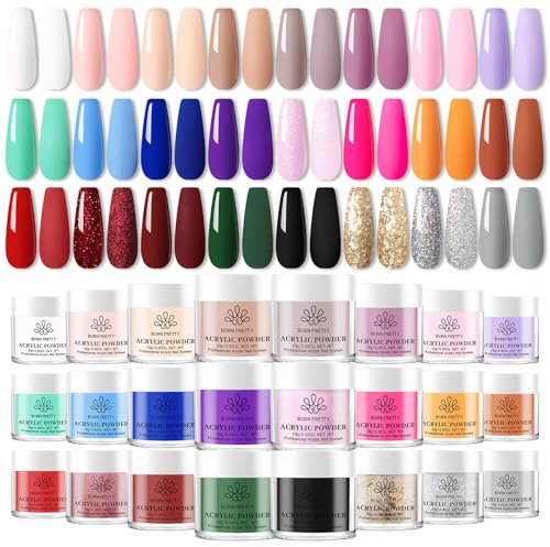 Born Pretty Set di Colori Acrilici per Unghie - 24 Colori Autunno Inverno, Rosso Verde Blu - Kit Iniziale con Polvere Acrilica