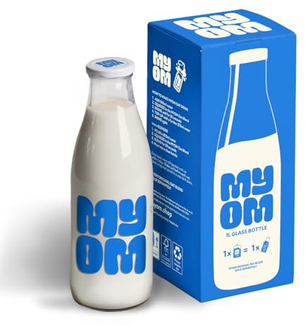 MYOM - Glass Bottle - Glass Milk Bottle - Empty for Storage - Includes Lid - Reusable with Lid - Milk Container - 1 x 1L