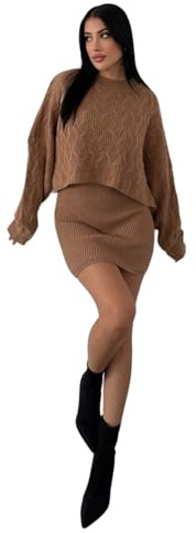 My Bee Ladies Dresses Sweater Skirt Suit, Women’s Long Sleeve Dress, Knitted Dresses, Long Sleeve Sweater Dress (UK, Alpha, One Size, Regular, Regular, Standard, Camel)