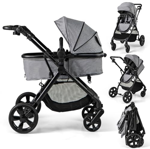 COSTWAY 2 in 1 Baby Pushchair, Foldable Travel System Pram with Reversible Seat, Adjustable Canopy & Handle, Storage Basket, Cup Holder, Lightweight Infant Stroller for 0-36 Months (Grey)