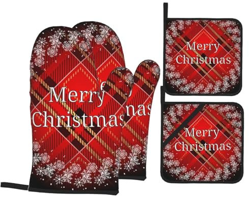 Ofenhandschuhe und Topflappen-Set, Weihnachtskranz, kariert, Schneeflocken, hitzebeständig, Küchen-Backhandschuhe, rutschfeste Oberfläche zum Kochen, Backen, Grillen, Grillen
