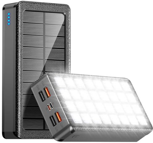 AEECESTORE Caricatore solare Power Bank 66800mAh Caricabatterie portatile con USB-C in/Output 22.5W QC3.0 Ricarica rapida 5 porte di uscita Batteria integrata 32 torce a LED per iPhone Samsung Tablet