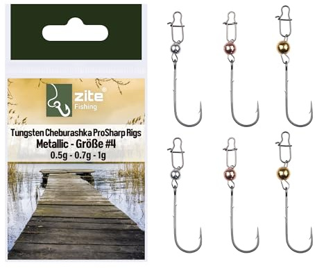 Zite Fishing Tungsten Cheburashka Set | 6 STK Pro Sharp Rigs UL | Cheburaschka Forellen-Haken | Baitholder Hooks #4 - #8 mit 0,5g/0,7g/1,0g Metallic Tungstenperle | Ultra Light Forellenköder