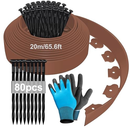 Bordure de Jardin Flexible 20m, Bordure Jardin Exterieur Hauteur 10cm, Bordure Jardin Plastique, Bordurette de Jardin, Garden Edging, Bordure de Tonte, avec Gants et 80 Ongles - Marron