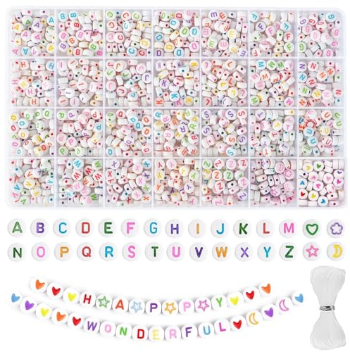 EUES Bunte Buchstabenperlen, 2000 Stück Perlen für Armbänder, 7mm A-Z Buchstabenperlen Set, Runde Perlen zum Auffädeln für Armband Haarreif Schmuck Basteln