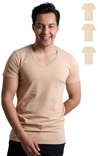 SKIPPER Men's Deep V Neck Stretch Undershirt 3 Pack – Slim Fit Base Layer T-Shirt, Invisible Under Shirts, Beige, S
