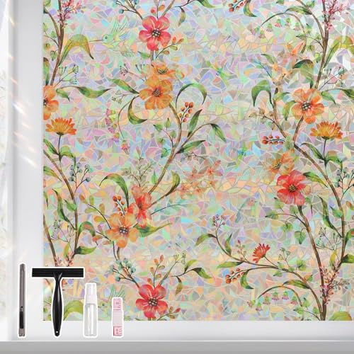 NINETREX Fensterfolie Bunt, Regenbogen Sichtschutzfolie Fenster Folie Blickschutz, Fensterfolie Blickdicht Selbsthaftend Badezimmer, UV-Schutz Blume Muster Window Film (60x200cm)