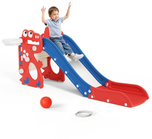 Scivolo 3 in 1 per bambini, multifunzione, con anello e cestino da basket, facile da riporre, set di scivolo per bambini, parco giochi per interni, esterni, giardino (Rojo Azul)