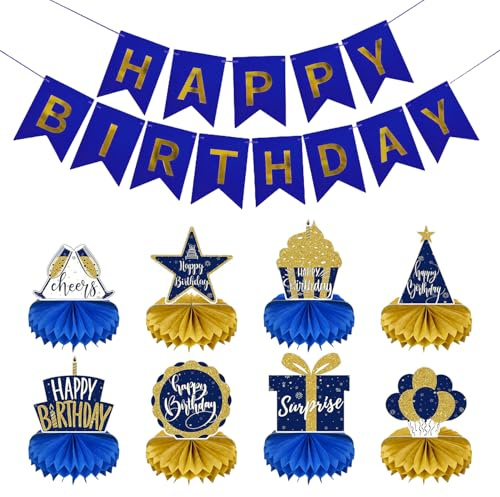 DUINIU 8 Pezzi di Decorazioni di Compleanno A Doppia Faccia in Blu E Oro E 1 Pezzo di Bandiera, Decorazione del Centro del Desktop, Accessori per Feste Elei, Accessori Natalizi.