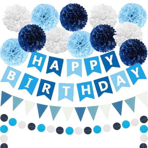 Geburtstagsdeko, Blau Geburtstag Deko Set - Happy Birthday Banner Wimpelkette Kreis Punkt Garlande mit Papier Pompons für Männer Jungen Kindergeburtstag Dekorationen (blau)