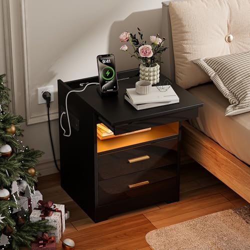 Nachttisch mit 2AC-Steckdose/2 USB-Anschlüsse & 1 RGB LED-Beleuchtung, Nachtkästchen mit 2 Schubladen & 1 Ausziehrega & 1 offene Partition,Platzsparend für Schlaf & Arbeitszimmer(45x40x58 cm,Schwarz)