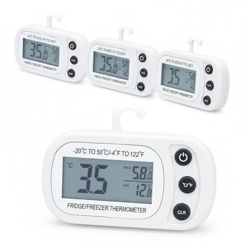 Puniama Temperature Thermometer Digital, 4 Pack Freezer Thermometer with Large LCD Display, Min/Max °C/°F, Stand Design for Refrigerator and Freezer