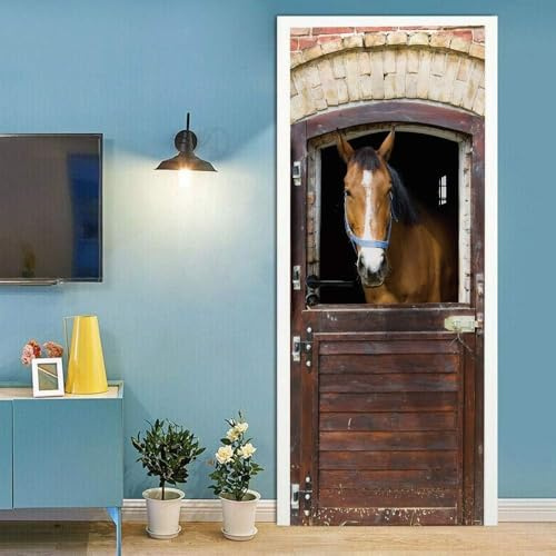 TACOKI Türtapete Selbstklebend Türposter Pferd Türbekleben Nutztiere Türbilder, 3D Effekt Fototapete Türfolie Poster Türaufkleber Wandtattoo Tür Dekoration Stickers 77x200 cm 4699z