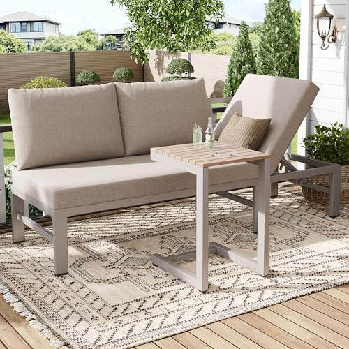 Arhatreya Set di mobili da giardino, divano esterno a 3 posti, con funzione di inclinazione regolabile (da 5 livelli fino a 55°), tavolo in plastica, tubo in acciaio zincato, kaki