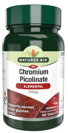 Natures Aid Chromium Picolinate 200µg - 90 Tablets - High Strength Supplement to Support Normal Blood Glucose Levels & Reduce Sugar Cravings - Vegetarian, Gluten Free - No Gummies or Capsules