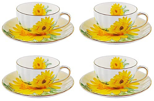 Ceramic Teacup Sunflower Vintage Chintz Porcelain Coffee Mug Tea Cup with Saucer,Set of 4