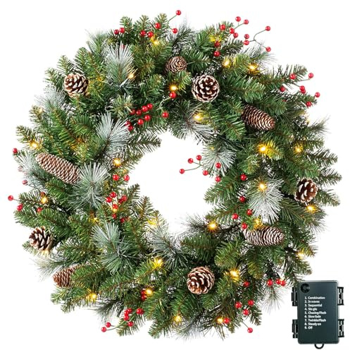 40CM Türkranz Weihnachten,Weihnachtskranz Haustür mit 30 LEDs,Weihnachtskranz mit Laterne, Kugeln, Beeren & Schleifen, weihnachtstürkranz, Weihnachten Dekor