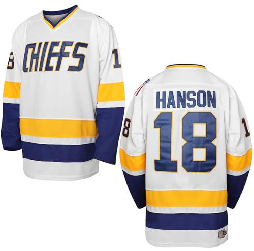 Hanson Brothers - Camiseta de Hockey 16 Charlestown Chiefs 17, Jeff Slap Shot 18, Color Azul y Blanco, Tallas S-3XL, 18 Hanson White, Small