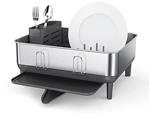 simplehuman Compact Dish Drying Rack with Stainless Steel Frame, 360º Easy Drain Swivel Spout, Utensil Holder, Anti-Residue Coating, Moisture Control Surface, Grey