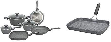 Tognana Mythos Batteria 9 Pezzi, Alluminio, Nero, 24 cm & WI758BDAMNF Grill Rettangolare con Manico Pieghevole Mythos, Alluminio, Grigio, 1