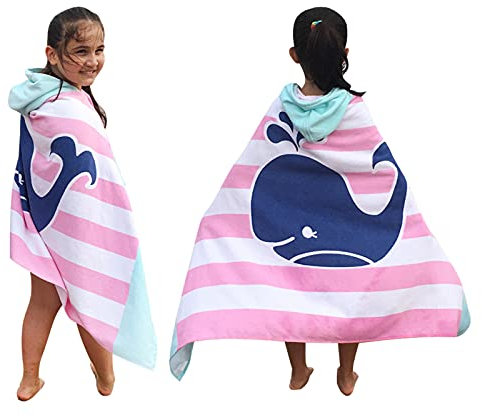 Kinder-Strandtuch mit Kapuze, 100% Baumwolle, weich und saugfähig, Badetuch, Badetuch, Überzieher für Jungen und Mädchen, extra Größe: 127×76cm (Gestreifter Wal)