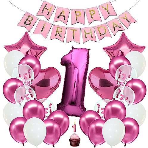 envami® Geburtstag Mädchen Happy Birthday Deko Geburtstag Mädchen Geburtstagsgirlande Folienballon 1 Luftballon 1. Kindergeburtstag Deko 1.