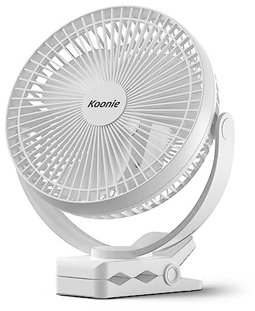 Koonie Portable Clip on Fan, 8-Inch 10000mAh USB Rechargeable Battery Operated, 4 Speeds, Strong Airflow, Sturdy Clamp for Office Desk Golf Car Outdoor Travel Camping Tent Gym Treadmill