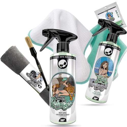 Nuke Guys Bundle per pulizia degli interni dell'auto Base | Detergente per vetri trasparenti 500ml + Detergente per interni 500ml + Asphalt Love 5 Pack + Panno Waffle 2 Pack + Spazzola + Tag Profumo