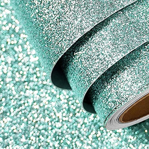 FunStick 16x240 Light Teal Glitter Peel and Stick Wallpaper Removable Teal Glitter Contact Paper for Cabinets Self Adhesive Fabric Glitters Wallpaper Roll for Bedroom Wall Drawers Shelves DIY Decor