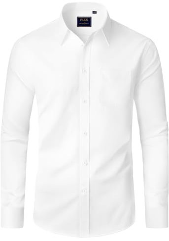 J.VER White Shirt Men Long Sleeve Stretch Dress Shirts Regular Fit Business Casual Smart Work Wedding Plain Formal Shirt L