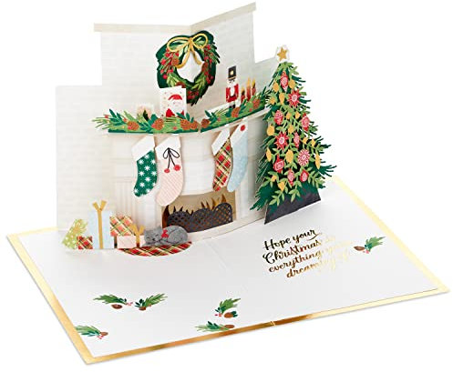 Hallmark Weihnachtskarte, 3D & Pop Up Karte, Kamin & Baum, mit Goldfolien-Details, Rosa