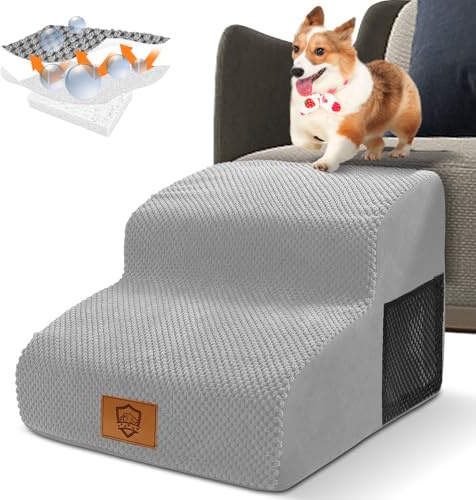 Thihome Scaletta per Cani, Scale per Cani 2 Gradini in Spugna, Rampa per Animali Domestici, Scaletta per Gatti di Piccola Taglia, con Rimovibile Lavabile Copertura, Scala per Divano Letto, Grigio