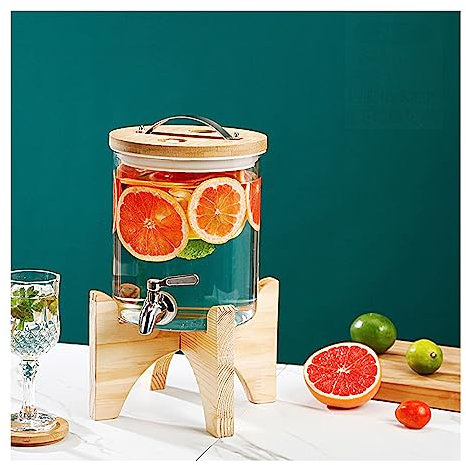 WYJRO Dispenser per Bevande in Vetro,Dispenser di Bevande con Inossidabile Rubinetto,Caraffa in Vetro per Bevande Calde E Fredde con Supporto,2L