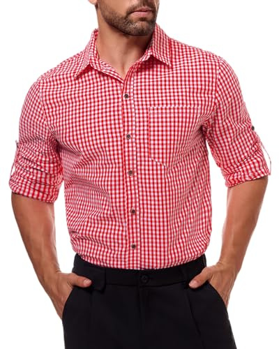 NANAMEEI Hemd Herren Langarm Trachtenhemd Oktoberfest Kariertes Freizeithemd Karo Bayrisches Festhemd Regular Fit Rot L