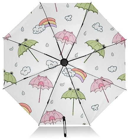 FRODOTGV Niedlicher Frosch-Regenschirm, Reise-Regenschirm, faltbar, umgekehrt, kompakter Regenschirm für Regen, Sonne, 8 Rippen, groß, winddicht, UV-Regenschirm, automatisch, für Damen und Herren