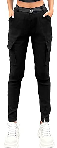 Nuofengkudu Stretch Pantalon Cargo Femme Taille Elastique avec Poche Laterale Uni Gothique Leggings Classique Chic Taille Haute Fille School Jogging Streetwear