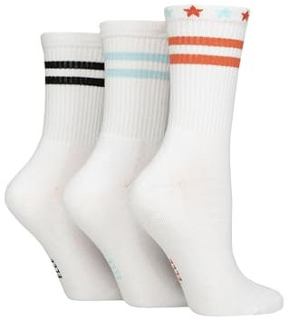Elle Women's Bamboo Sports Socks - Plain and Striped, Crew Socks, Half Cushion 3 Pair Multipack Sizes 4-8 White Stripe
