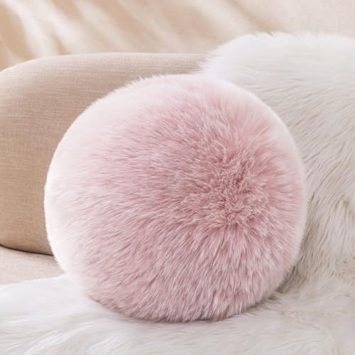 Ashler Plush Round Pillows, Ball Throw Pillow with Handle, Faux Fox Fur Luxury Soft Decorative Cushion, Modern Home Decor Fluffy Round Pillow for Sofa, Bed, Chair, Light Pink, 12 x 12 inch