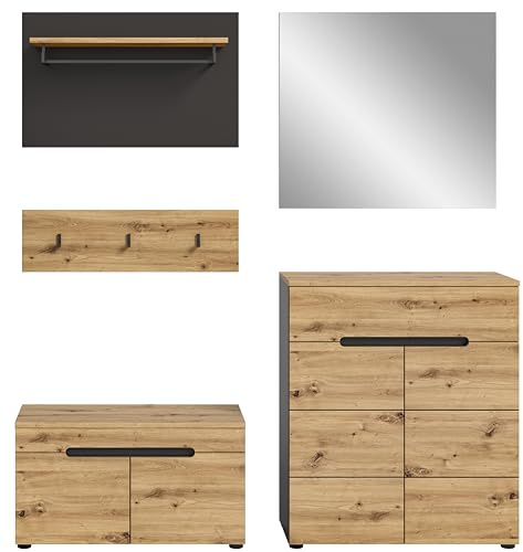 furnling Garderobenkombination Cano, aus FSC-zertifiziertem Holzwerkstoff, Garderoben-Set 4-teilig aus Sitzbank, Garderobenpaneel, Spiegel, Kommode, naturfarben und grau, 175 x 180 x 37 cm