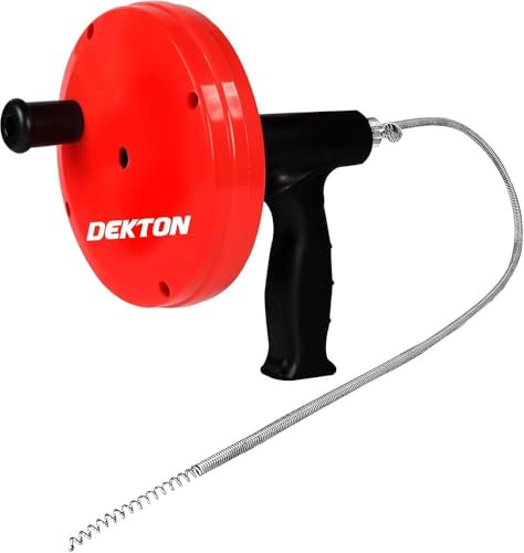 Dekton Sink & Drain Unblocker 6m X 6mm- Extendable, Flexible Hand-fed Spiral Rod| Removes Stubborn Blockages and Clears Drains| Circular Storage Drum| Ergonomic Pistol| Spiral Rod With Corkscrew Tip