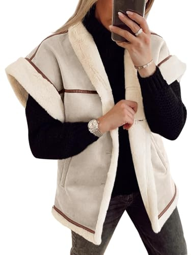 Cicy Bell Womens Suede Sherpa Vest Faux Fur Shearling Jacket Oversized Cap Sleeve Button Down Winter Coats
