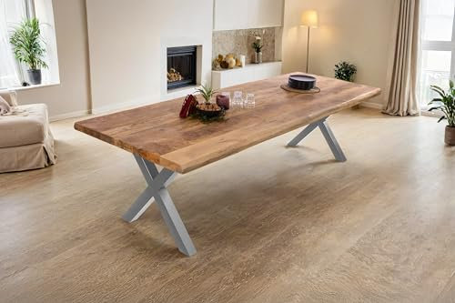 SAM Esstisch Cali | 300 x 100 cm | Mangoholz | Farbe: Natur/rau | X-Gestell Metall Silber | Massivholz mit echter Baumkante | pflegeleichter Baumkantentisch/Esszimmertisch