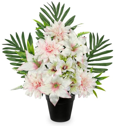 Oairse Künstliche Friedhofsblumen im Topf Grabschmuck mit künstlichen Chrysantheme und Lilien Aufleger Kunstblume Grabdekoration für Grabdekoration Friedhofsgesteck Friedhofsdeko Trauerdeko Blüten