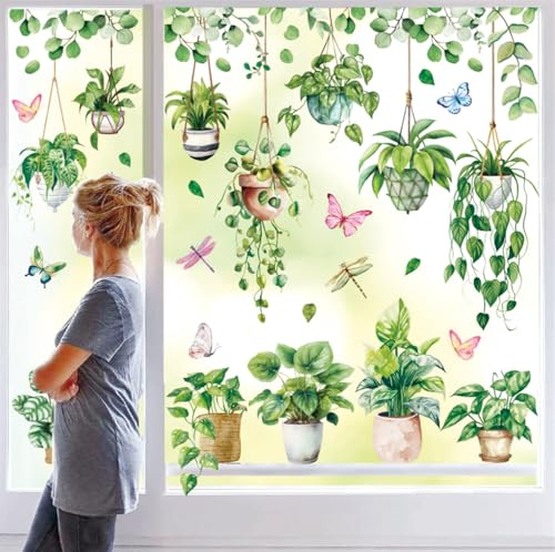 Whaline 6 Sheet Spring Summer Potted Plant Window Clings Hanging Vine Plant Eucalyptus Leaves Reusable Window Decals for Home School Office Party Supplies