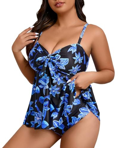 Vuncio Costume da Bagno Due Pezzi Donna Taglia Forte Costume Tankini Donna Curvy Costumi da Bagno Donna 2 Pezzi Vita Alta Elegante Sportivi Piscina Spiaggia Completo (Blue, 3XL)