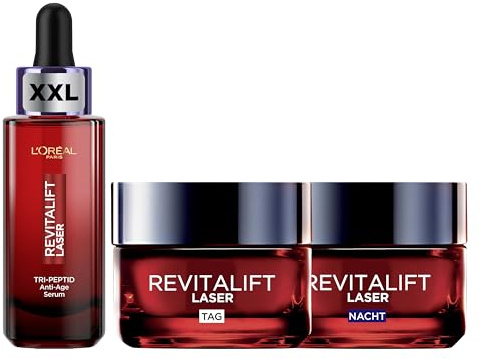 L'Oréal Paris Revitalift Laser Tri-Peptide Anti-Aging Set: Serum, Tagescreme, Nachtcreme – Strafft Haut, Reduziert Falten, Polstert Auf – Hyaluronsäure, Vitamin C, Pro-Retinol – 3er Set