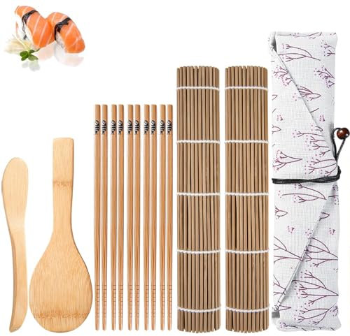 fufupaw Sushi Set, Bambus Sushi Matte, Einschließen 2 Bambus Sushi Matte, 5 Paar Essstäbchen, 1 Japanisches Messer, 1 Stoffbeutel, 2 Reislöffel,Sushi Maker Set Selber Perfektes Für Anfänger