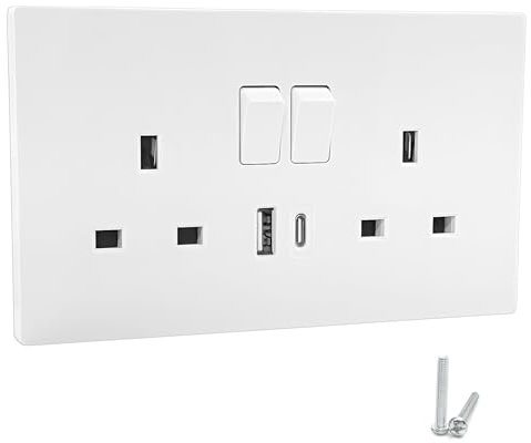 Electrical Double Switched Power Wall Plug Socket with Two USB Charging Ports, White Moulded, 13A, 20W USB C, White