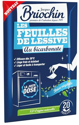 JACQUES BRIOCHIN – 20 Feuilles de Lessive au Bicarbonate – Parfum Brise Végétale – Efficace dès 30°C – Sans Enzymes, Sans Colorants – Linge Délicat – Format Compact et Léger, Zéro Gaspillage
